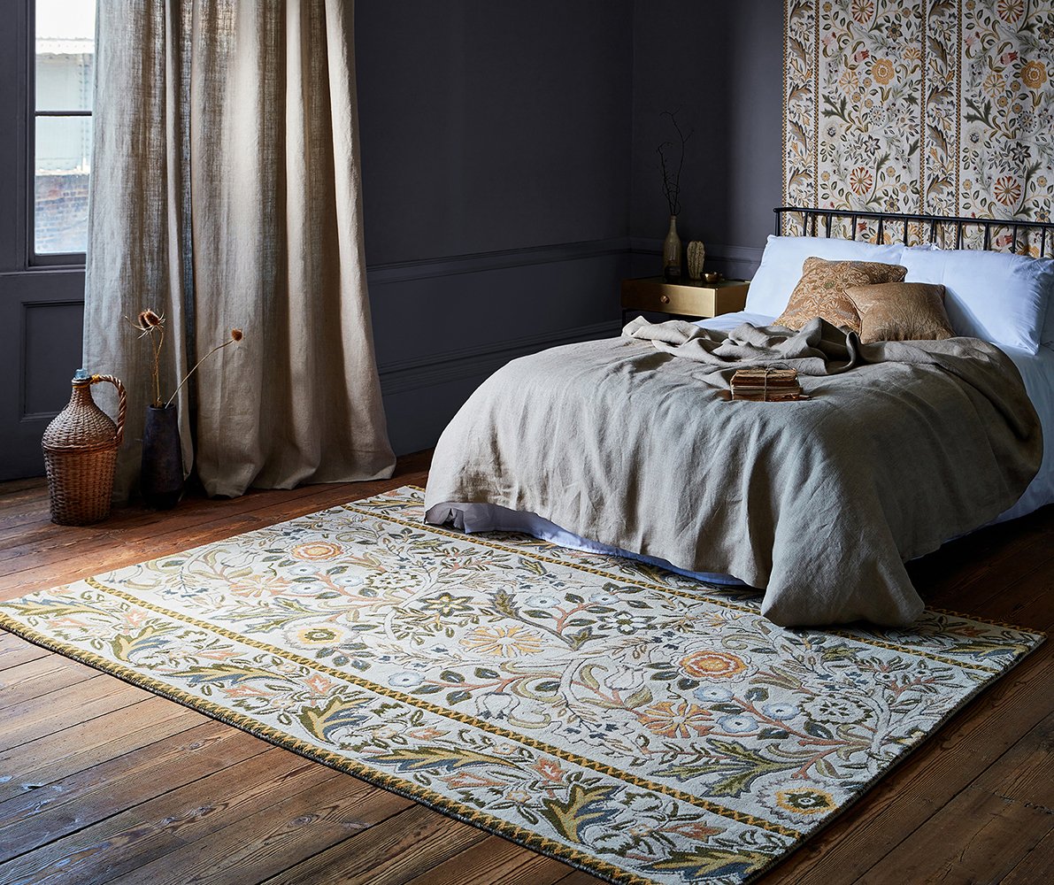 Wilhelmina Floral Rugs 127401 in Linen Mustard by William Morris