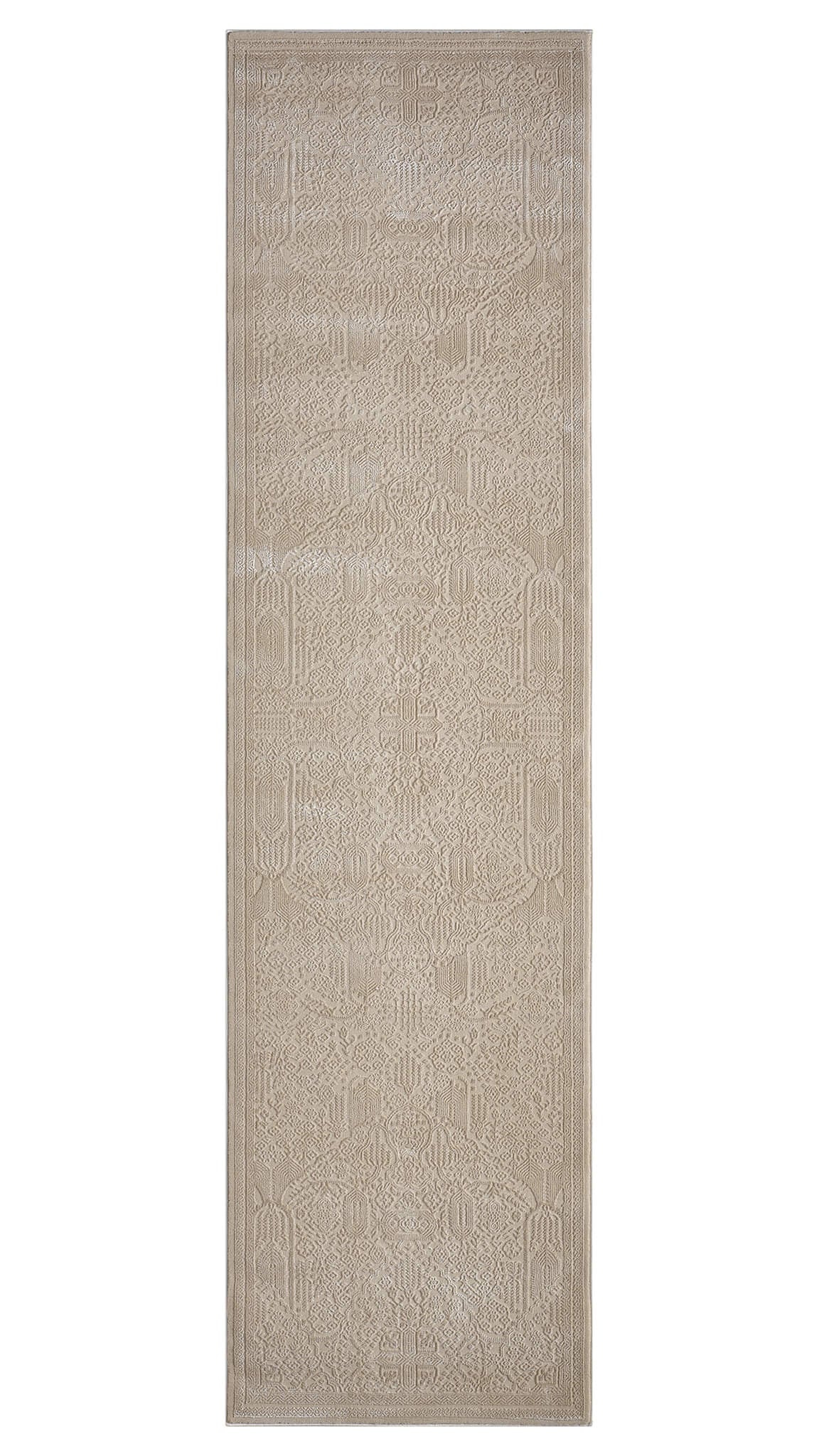Beige runner rug with subtle pattern on a white background
